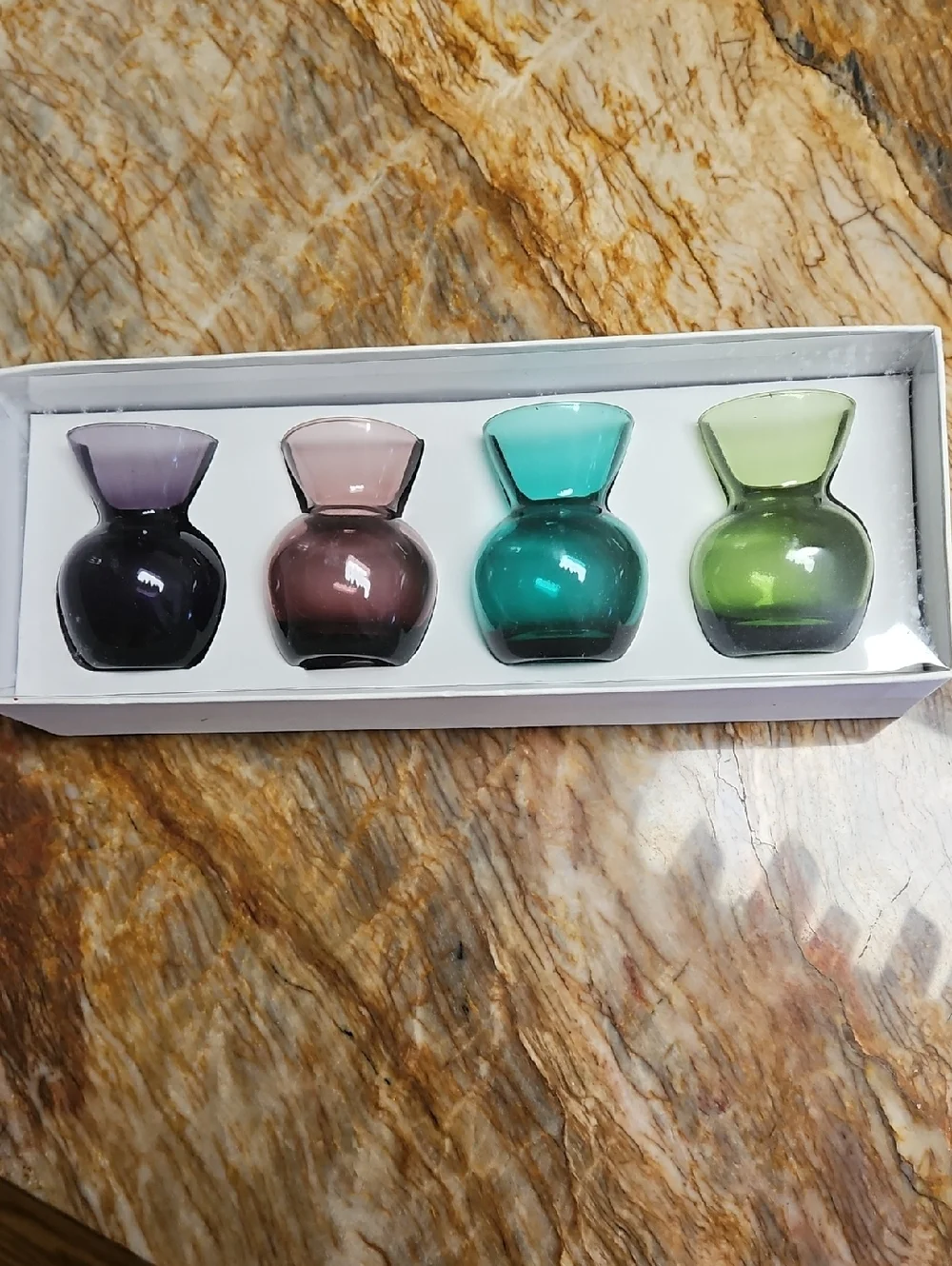 Vintage Small, multicolored, hand-blown (4) glass vases NEW